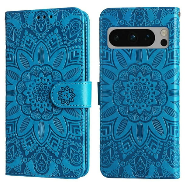 Funda tipo cartera FOXDOCK para Google Pixel 8 Pro , diseño girasol en relieve, cuero PU, cierre magnético, soporte y tarjetero