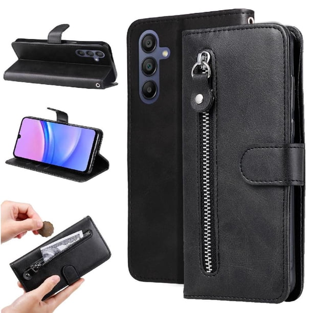 Funda tipo cartera para Samsung Galaxy A16 con bolsillo con cremallera y ranuras para tarjetas – Función de soporte Negro