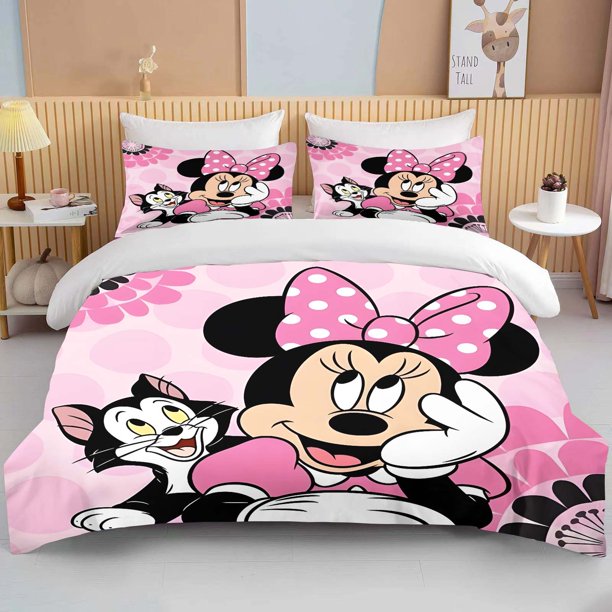 Minnie Mouse Love Printed Bedding Set Cartoon Duvet Cover Comforter Pillowcase Boys Girls Children Adults King Pink Gift Bed Sheets
