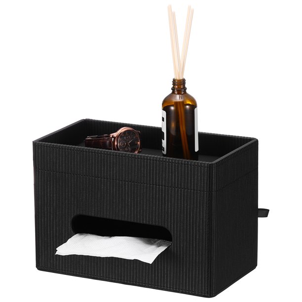 Uxcell Caja de Pañuelos Rectangular con Bandeja de Almacenamiento, 9.8x5.3x6.7" Organizador Decorativo de Cuero PU para Baño, Encimera, Dormitorio, Oficina en Casa, Mesita de Noche, Negro