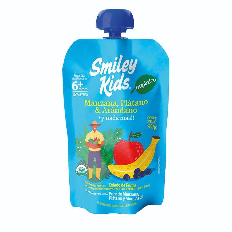 Colado Orgánico Manzana Plátano Arándano Gluten Free 90 gr Smiley Kids