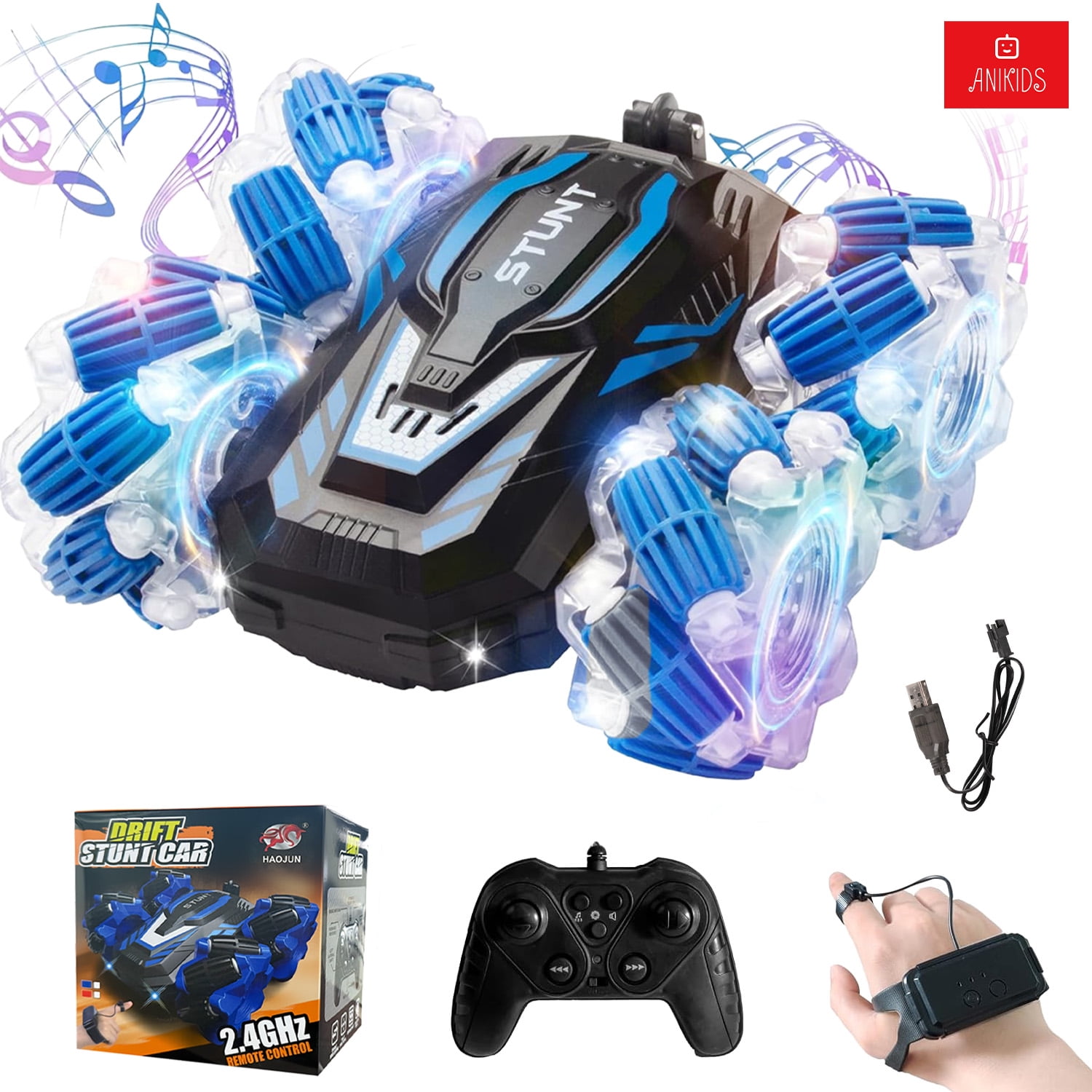 Anikids - Auto Rc De Truco Control Remoto Drift Dual Luz Música Niños Azul