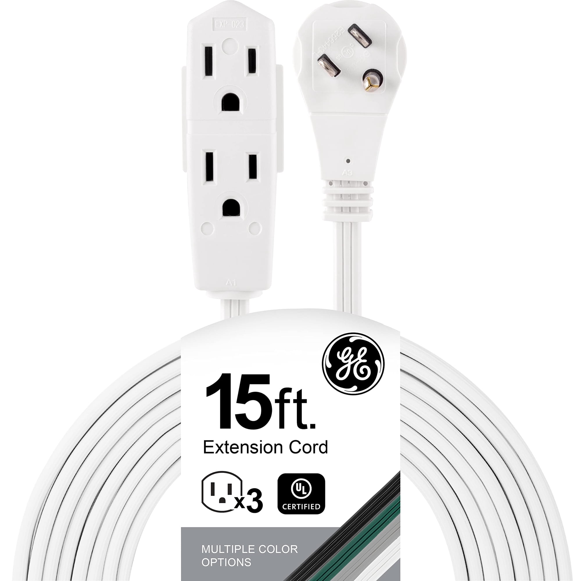 Cable De Extensión Ge De 3 Salidas, 15 Pies, Plano Con Múltiples Enchufes, Blanco