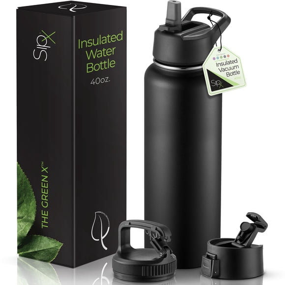 Botella de agua aislante SiPx™ de 40 onzas con 3 tapas, acero inoxidable a prueba de fugas, triple a