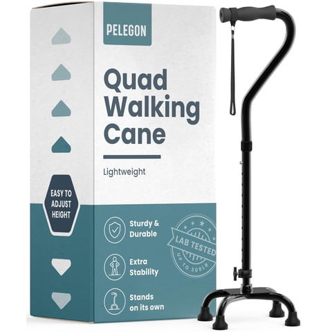 Bastón Para Caminar Pelegon, Cuádruple, Ajustable, 300 Libras, Negro