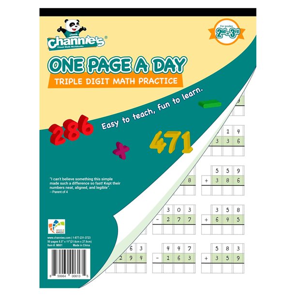 Cuaderno de ejercicios de matemáticas de tres dígitos del segundo al tercer dígito de Channie
