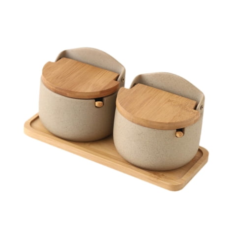 Magideal - 3 Piezas De Tarro Para Condimentos, Azucarero De Porcelana, Recipiente De Cerámica Para Condimentos, Recipiente Para Especias Con Tapa De Bambú Y Cuchara Para Manejar Sal, Pimienta Y 2 Piezas