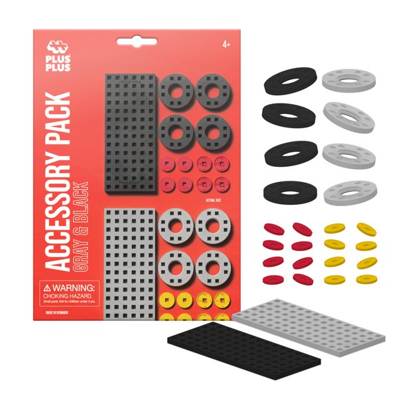 Paquete de accesorios PLUS PLUS: 2 placas base, 8 ruedas, coche, avión y tren