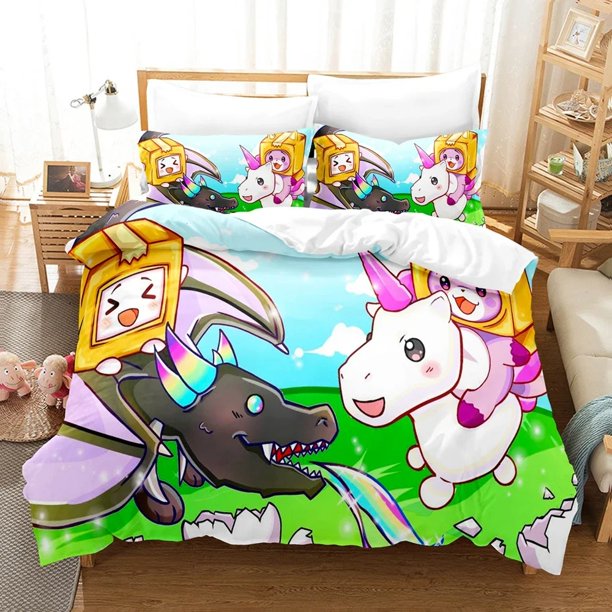 v1639 Bed Sheets Cute Lankybox Foxy Boxy Duvet Cover & Pillowcase Set Double Full Size Home Bedroom Bedding Set Soft Duvet Cover xcm 3-Piece Bedding Set (1 Duvet Cover + 2 Pillow Shams) Bed Sheets ju1