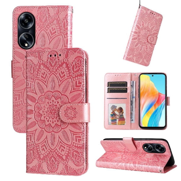 Funda tipo cartera FOXDOCK para OPPO A98 , diseño girasol en relieve, cuero PU, cierre magnético, soporte y tarjetero