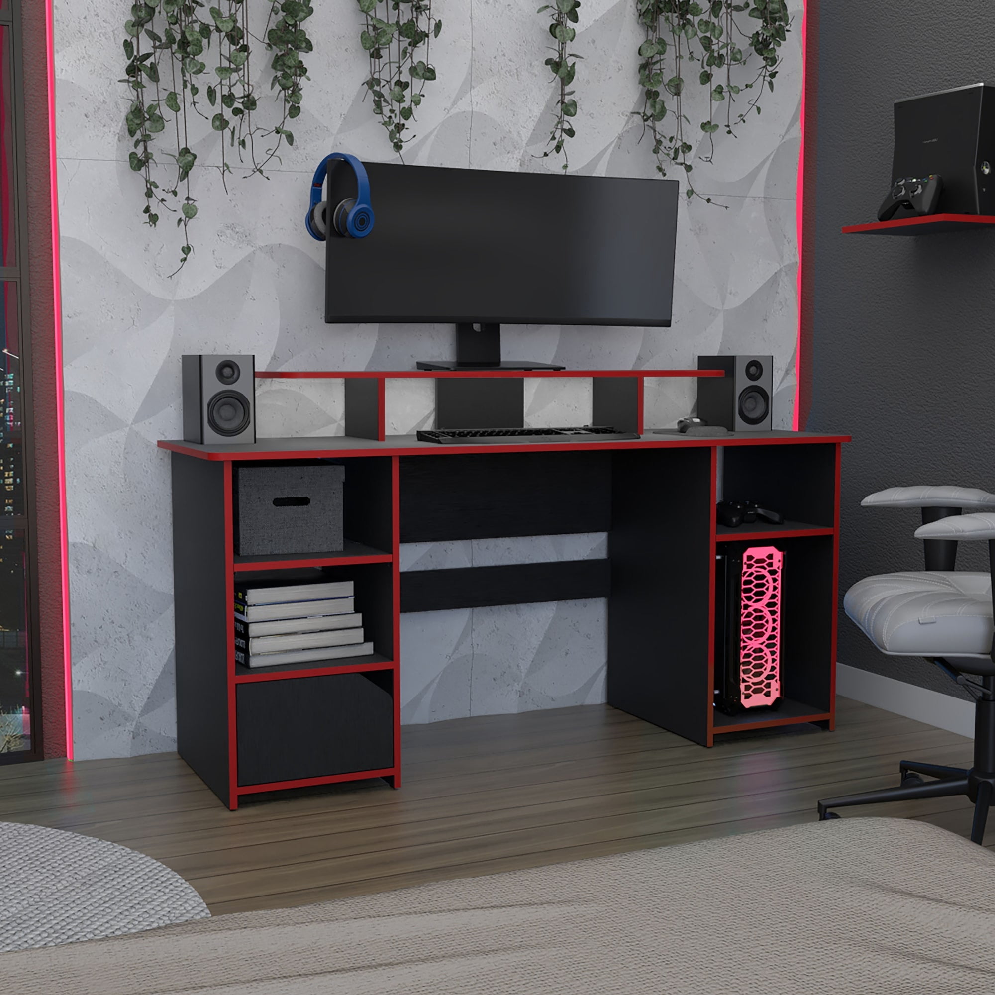 Tuhome - Escritorio Gamer 1 Puerta Keria Wengue Y Canto Rojo