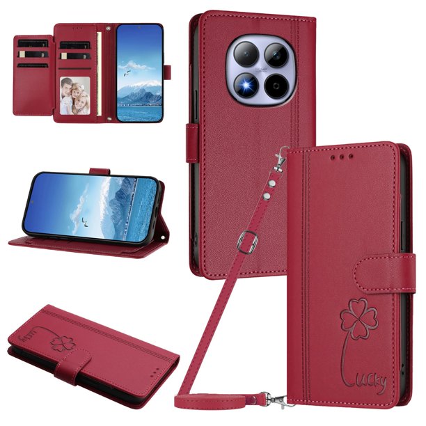 Funda Cartera Trébol para Xiaomi Poco M8 Pro 5G con Ranuras Tarjetas y Carga Inalámbrica Rojo