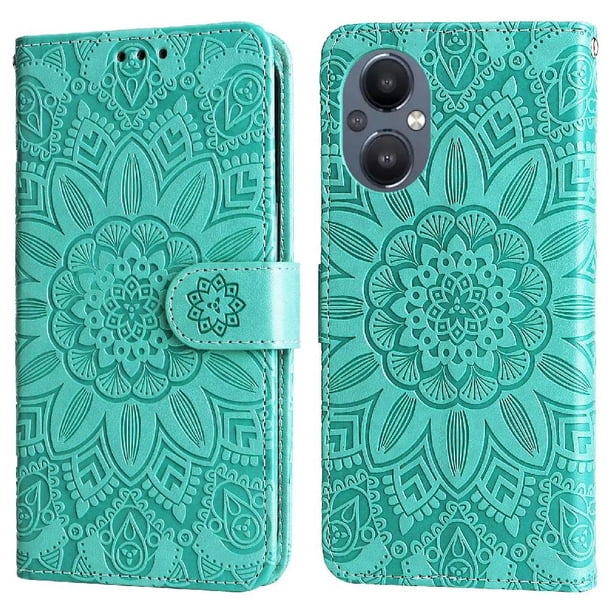 Funda tipo cartera FOXDOCK para OnePlus Nord N20 5G , diseño girasol en relieve, cuero PU, cierre magnético, soporte y tarjetero