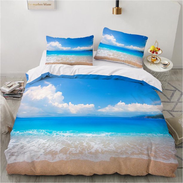 Ocean Duvet Cover Set King Size Polyester Tropic Ocean Style Sandy Shore and Sea with Waves Escape To Paradise Theme Bedding Set Bed Sheets