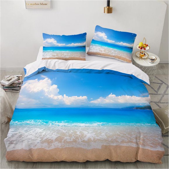 Ocean Duvet Cover Set King Size Polyester Tropic Ocean Style Sandy Shore and Sea with Waves Escape To Paradise Theme Bedding Set Bed Sheets