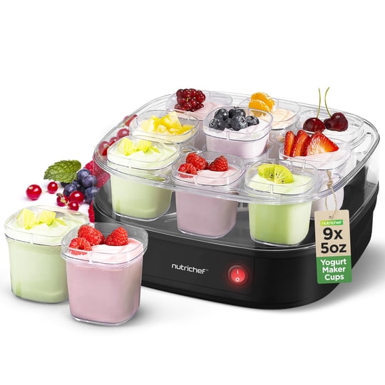Yogurtera Automática Nutrichef De 9 Vasos Con 9 Vasos Y Rejilla, Negra