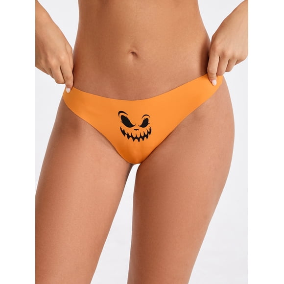 INSPIRE CHIC Ropa interior de tanga para mujer de Halloween sin costuras de tiro bajo con estampado de cara de fantasma divertida T-Back Panties Medium Orange