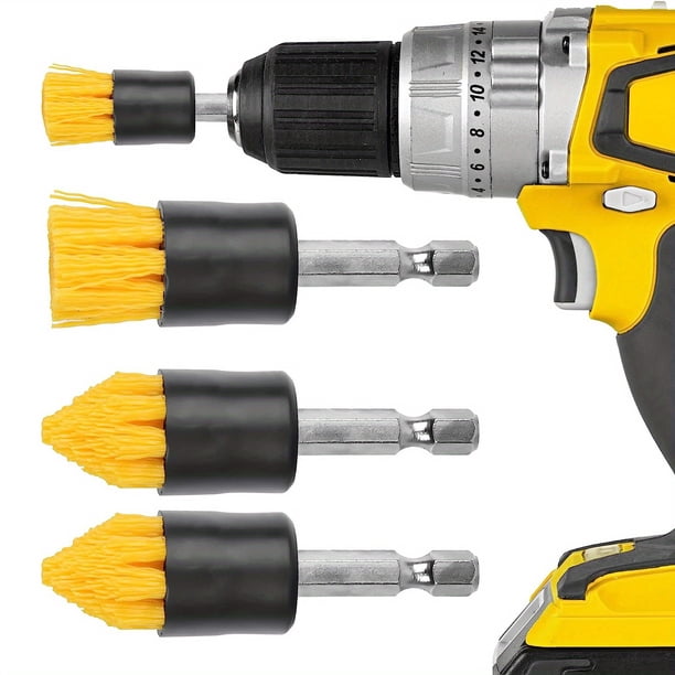 4pcs Drill Brush Attachment Set - 2 Tapered & 2 Flat - All Purpose Detail Brush Attachments For Cordless Drill - Tile & Grout Drill Brush Set - Drill Attachments For Cleaning, 5/8”L Bristles