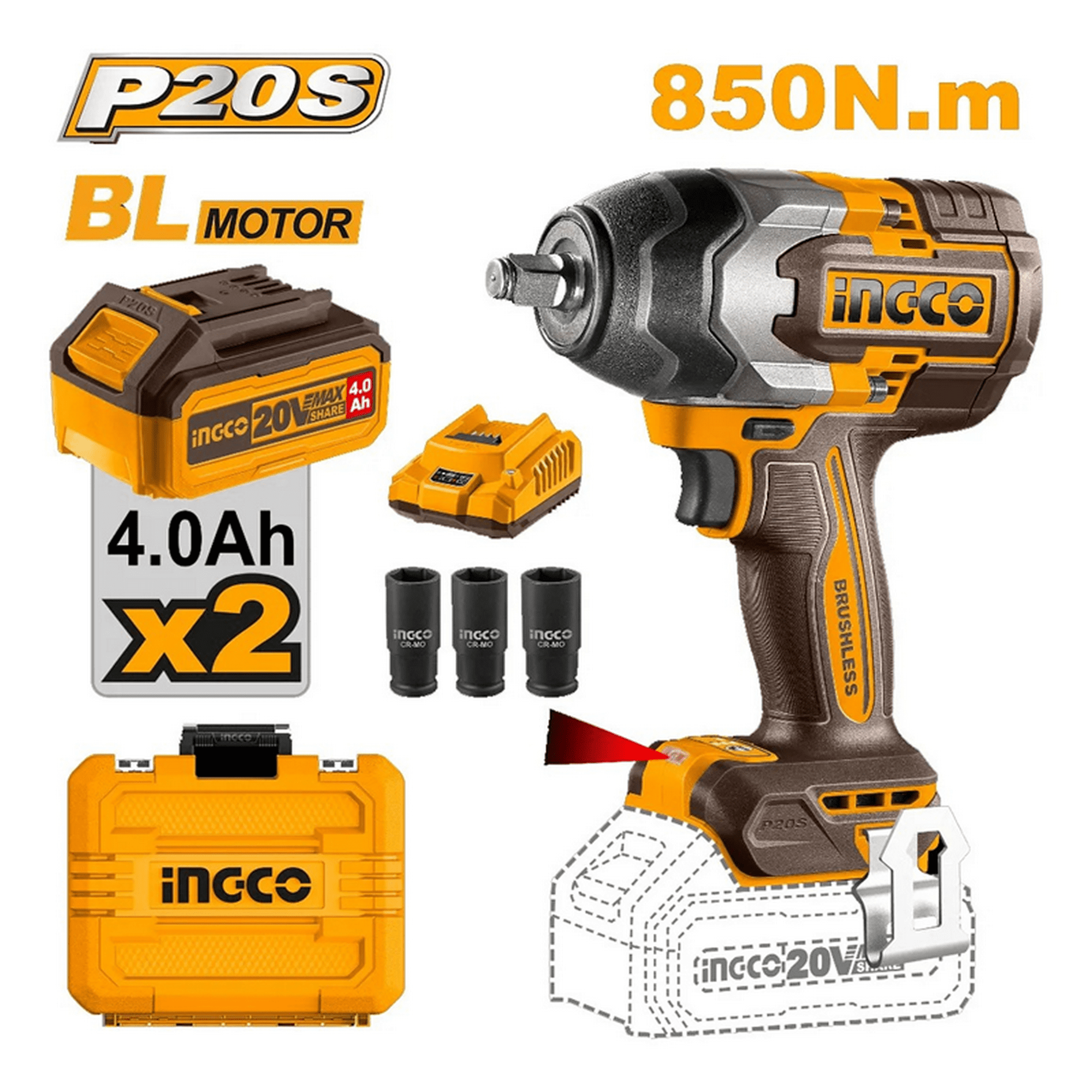 Llave Pistola Impacto Ingco Bl 1/2 20v 850nm 2bat Ciwli2085