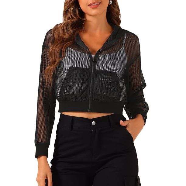 INSPIRE CHIC Chaqueta con Capucha para Mujer con Cremallera 2023 Moda Malla Transparente Chaquetas Bomber XS Negro