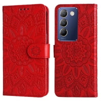 Funda Tipo Cartera Foxdock Para Vivo Y200E 5G , Diseño Girasol En Relieve, Cuero Pu, Cierre Magnético, Soporte Y Tarjetero