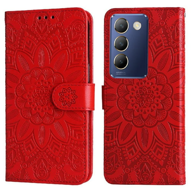 Funda tipo cartera FOXDOCK para Vivo Y200E 5G , diseño girasol en relieve, cuero PU, cierre magnético, soporte y tarjetero