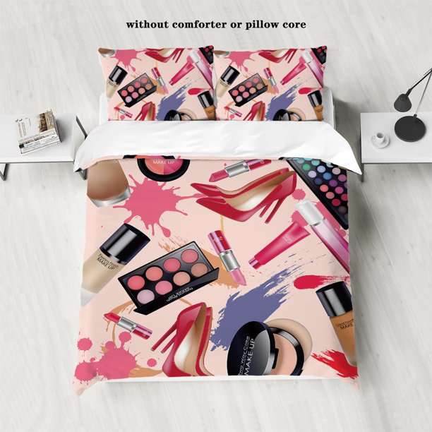 3pc Make-up Series Print Duvet Cover Set - Perfume Blush Lipstick Pattern Bedding for Bedroom & Dorm Room (No Core)