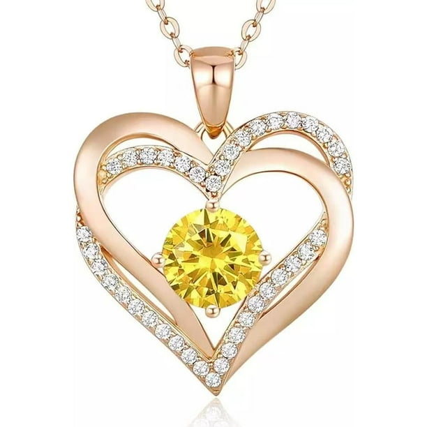 Collar Love Pendant Doble Corazón con Zirconia y Piedra de Nacimiento Plata