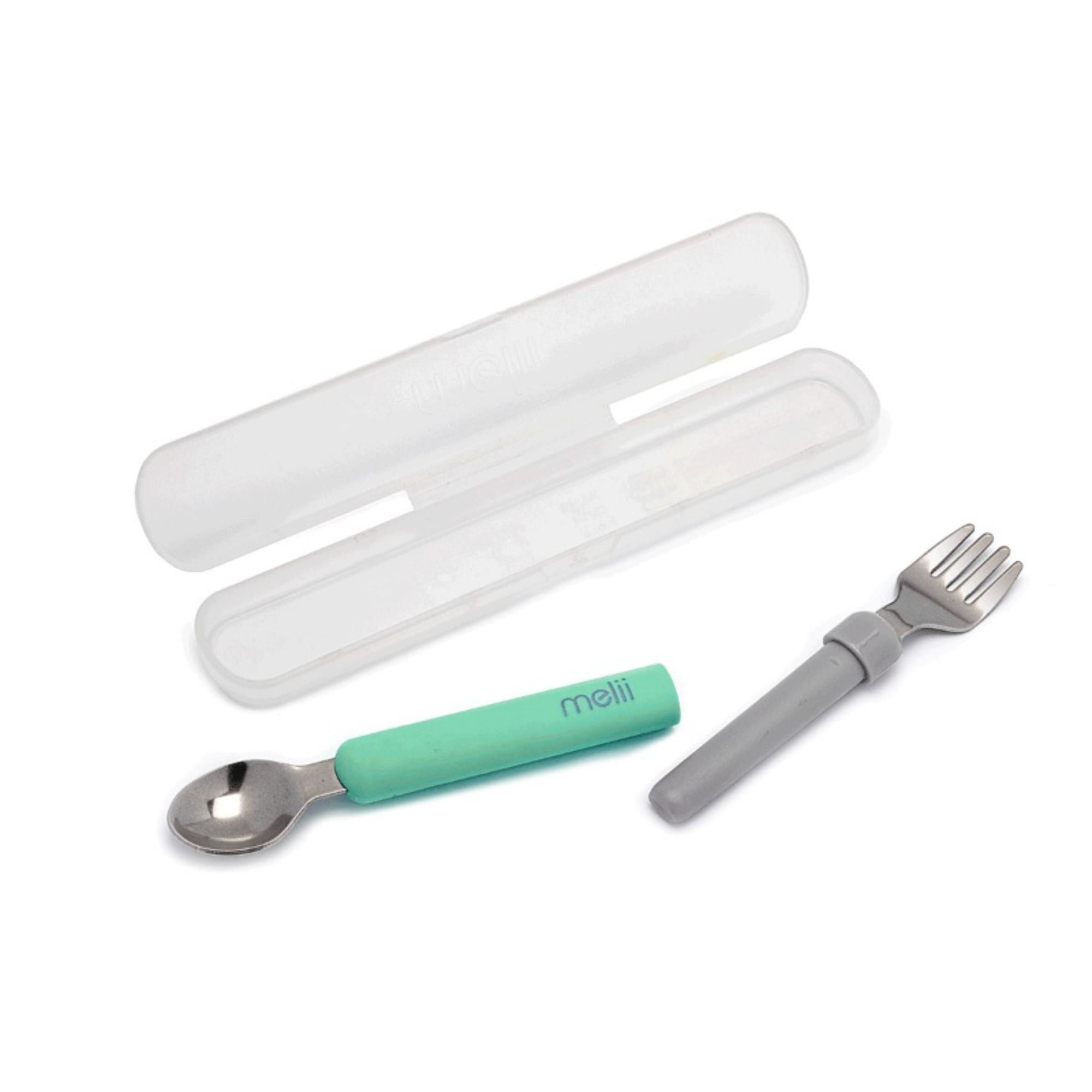 Melii - Utensilio Para Alimentación Set Cuchara Y Tenedor Desmontable Verde Y Gris.