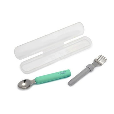 Utensilio Para Alimentación Set Cuchara Y Tenedor Desmontable Verde Y Gris.  Melii