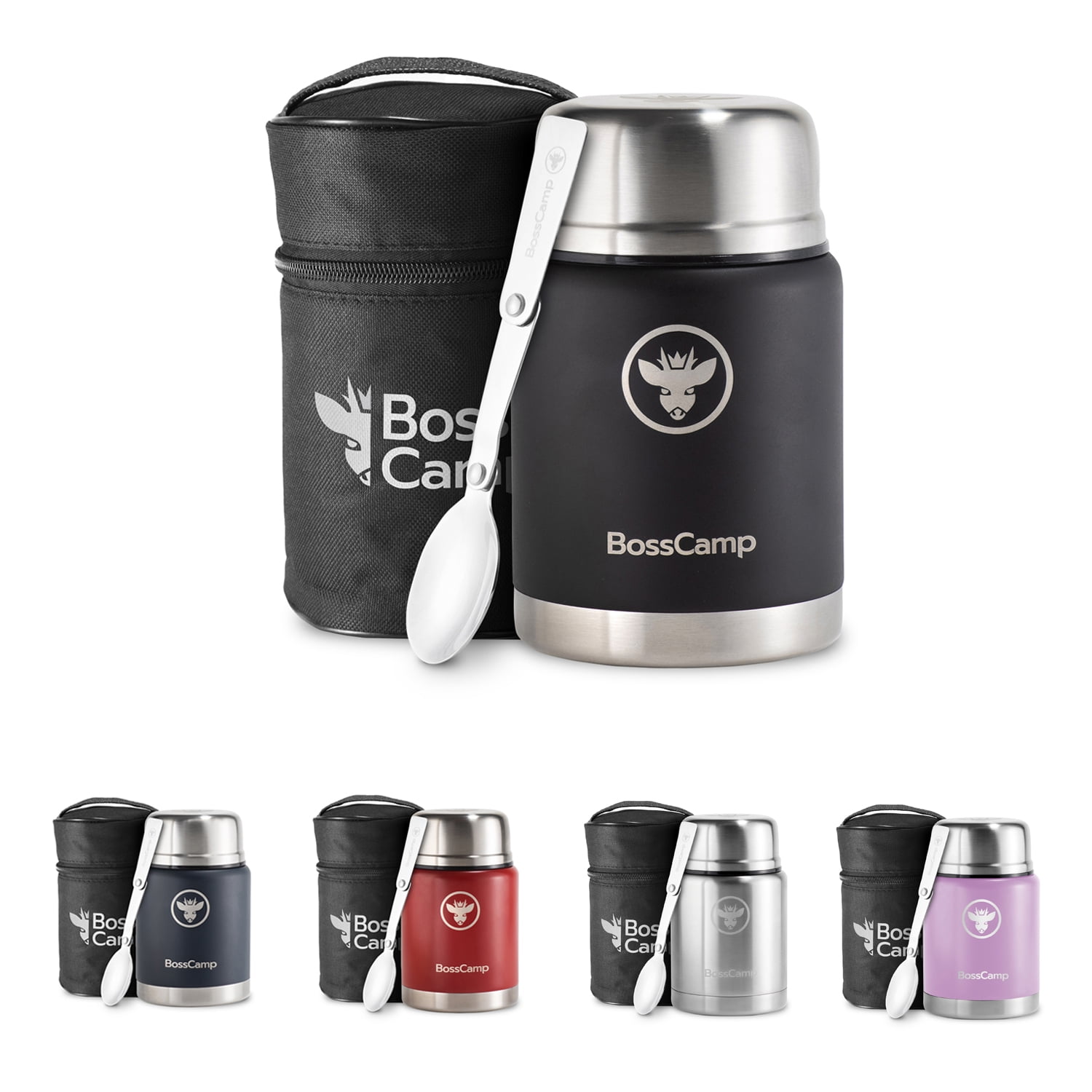 Termo Comida Bosscamp 500 Ml Negro Acero Inoxidable Bolso Térmico Cuchara
