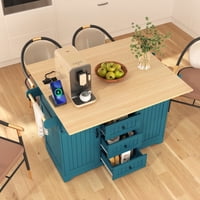 M&Ms - K&K 55.7'' Large Kitchen Island With 2 Drop Leaf,, Rolling Kitchen Cart On 5 Wheels With Power Outlet, Folding Storage Dining Table With Spice & Towel Rack , 3 Drawers, For Kitchen, Dining Room,Green