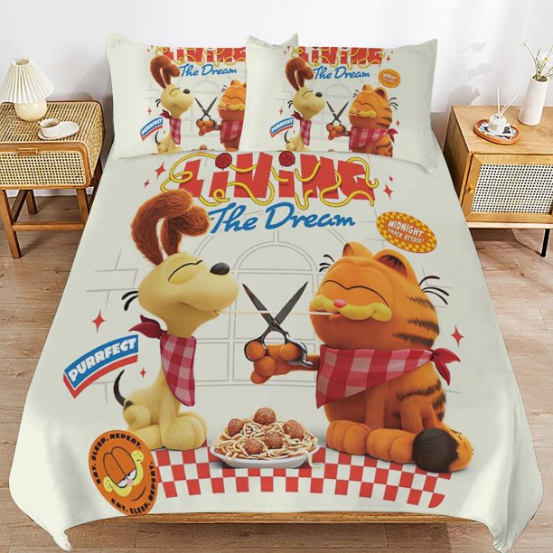 x388 Garfield Bed Duvet Cover Microfiber Bedding Sets 3D Printed Lightweight 3 Piece Comforter Sets, 1 Duvet Cover And 2 Pillow Shams for Kids Boys Girls 90"x90" jn388