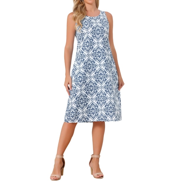 INSPIRE CHIC Vestido sin mangas bohemio con estampado Ikat para mujer, vestido casual midi con bolsillos azul M