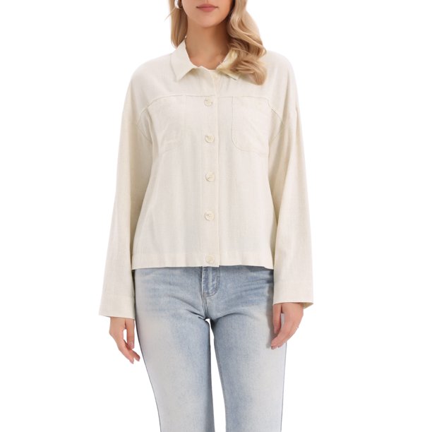 Chaqueta de lino INSPIRE CHIC para mujer, casual, de manga larga, con botones, solapa, chaquetas utilitarias con bolsillos XL Beige