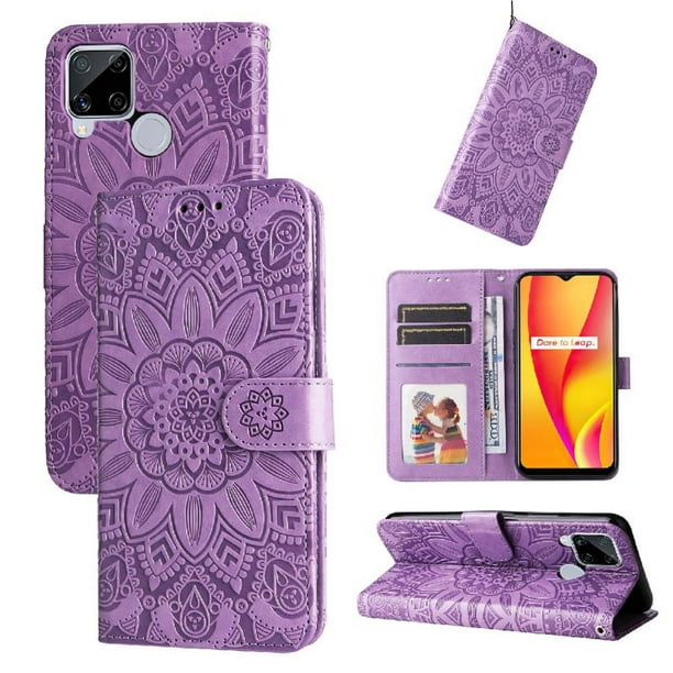 Funda tipo cartera FOXDOCK para Realme C12 , diseño girasol en relieve, cuero PU, cierre magnético, soporte y tarjetero