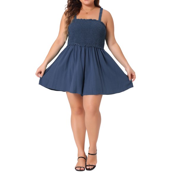 Agnes Orinda Women's Plus Size School College Sin Mangas Rompers Cuello Cuadrado Flowy Short Jumpsuit con Bolsillos 4X Azul Marino