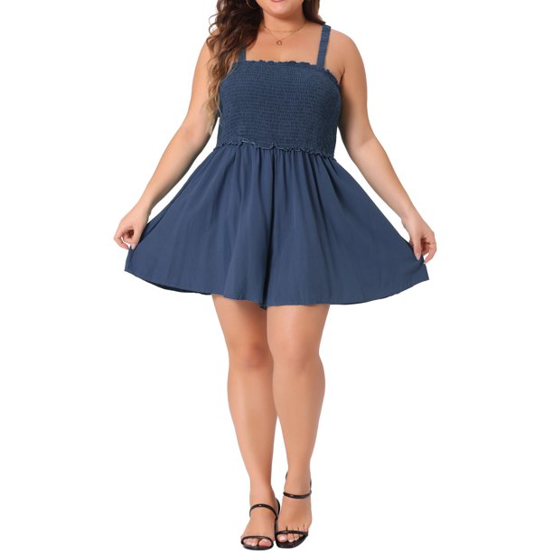Agnes Orinda Women's Plus Size School College Sin Mangas Rompers Cuello Cuadrado Flowy Short Jumpsuit con Bolsillos 4X Azul Marino