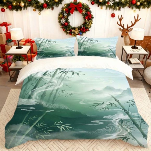 Oriental Zen Bamboo Forest Illustration Print Duvet Cover Set Theme Bedding Set Duvet Cover Pillowcase Set Soft Comfortable Suitable for All Seasons Ideal Choic