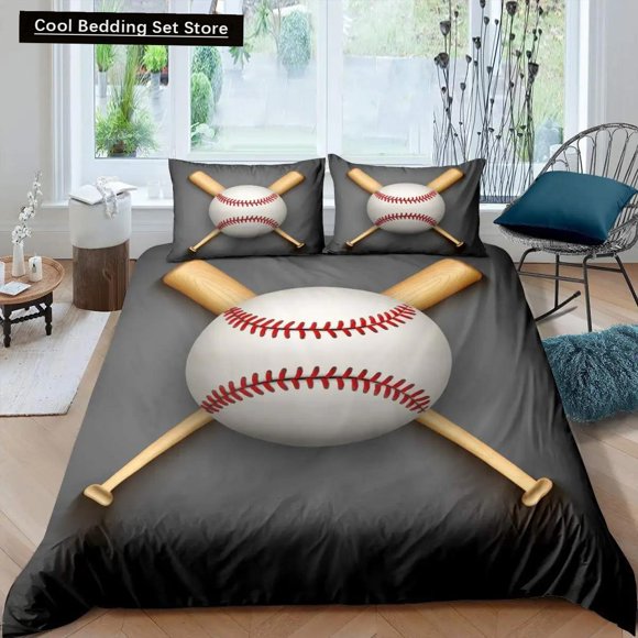 x737 Bed Sheets Sports Baseball Duvet Cover Sports Games Theme Ball Bedding Set Golden Flame Polyester Comforter Cover Full Size Kids Boys 3-Piece Bedding Set (1 Duvet Cover + 2 Pillow Shams) nj737