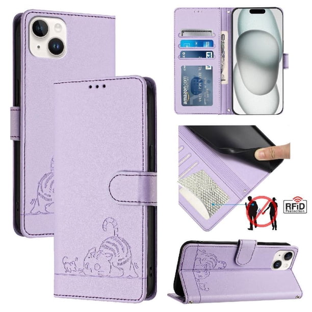 Funda tipo cartera FOXDOCK para iPhone 15 con soporte, ranuras, RFID, diseño de gato