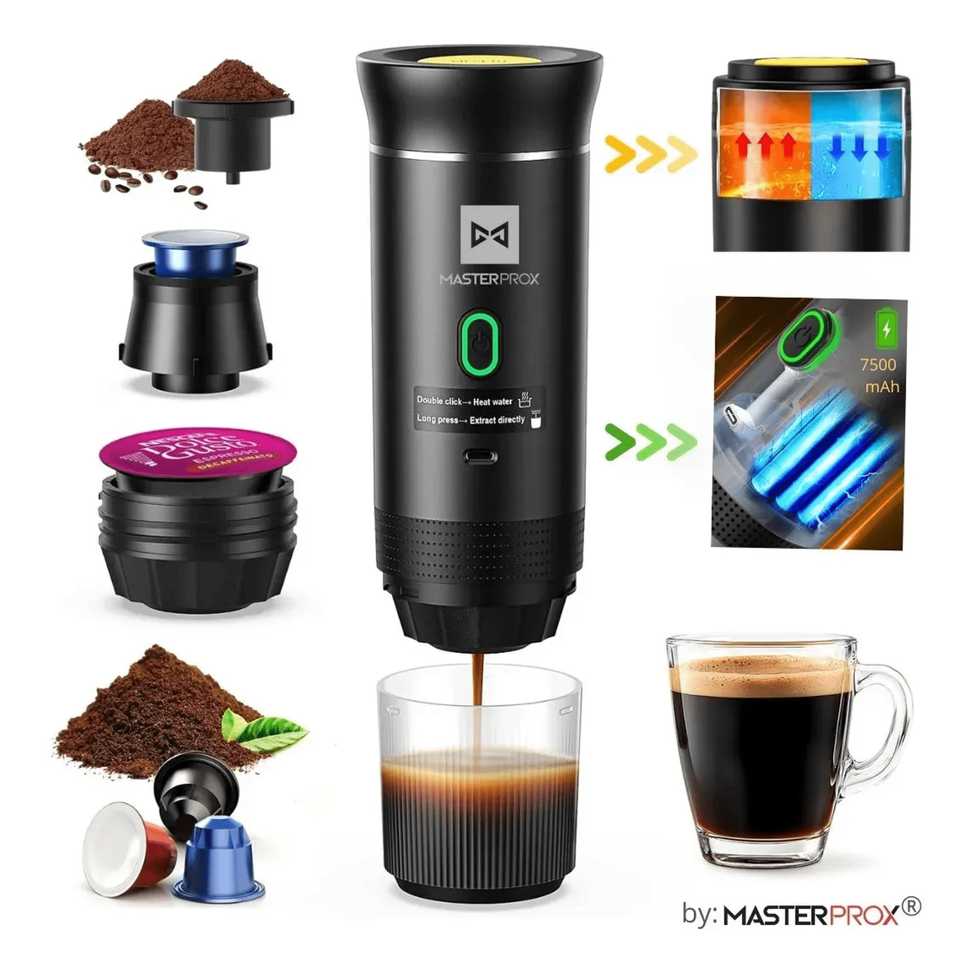 Master Prox - Cafetera Portátil Espresso Premium 7500mah Recargable Compatible Cápsulas Y Café Molido 3 En 1 Original 3.0