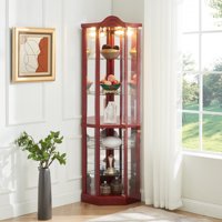 M&Ms - Glass Cabinet Lighted Corner Cabinet Corner Display Curio Cabinet, Glass Display With Light(Included)Bar Cabinet,Wine Cabinet With Adjustable Glass Shelves Carved Decoration Cherry Light(Included)