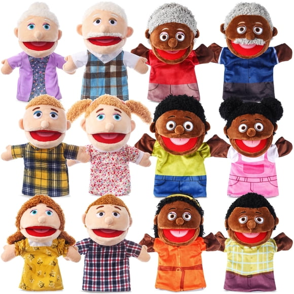 ZJoey 30 cm – Set de 12 títeres de mano de peluche de familia multicultural