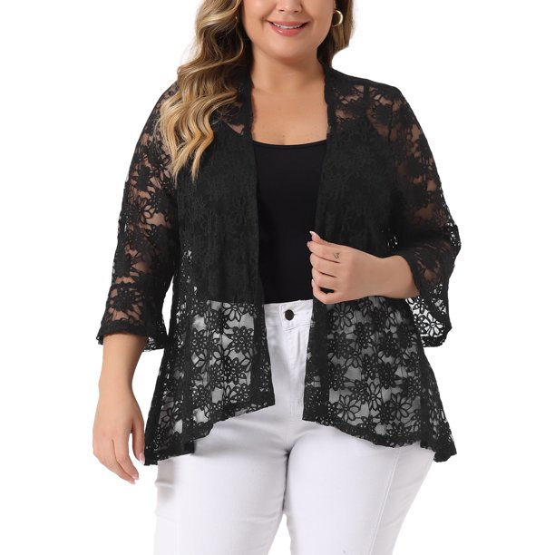 Agnes Orinda Trajes de Halloween para Mujeres Tallas Grandes Cárdigans de Escuela Universitaria Abiertos al Frente Mangas 3/4 Acampanadas Encaje Transparente Floral Cubierta Bolero Chalecos 2X Negro