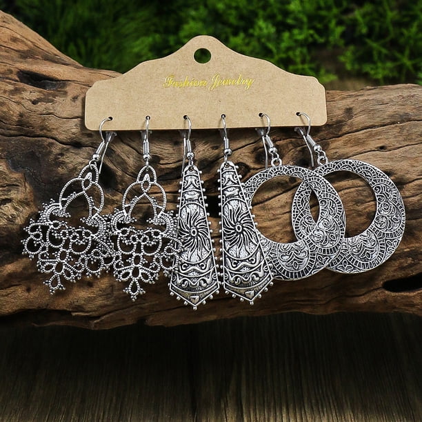 Gorgeous 3-Piece Earrings Set for Women - Retro Style, Antique Silver, Geometric Leaf Pendant, U-shaped Ear Hooks - Simple & Versatile!