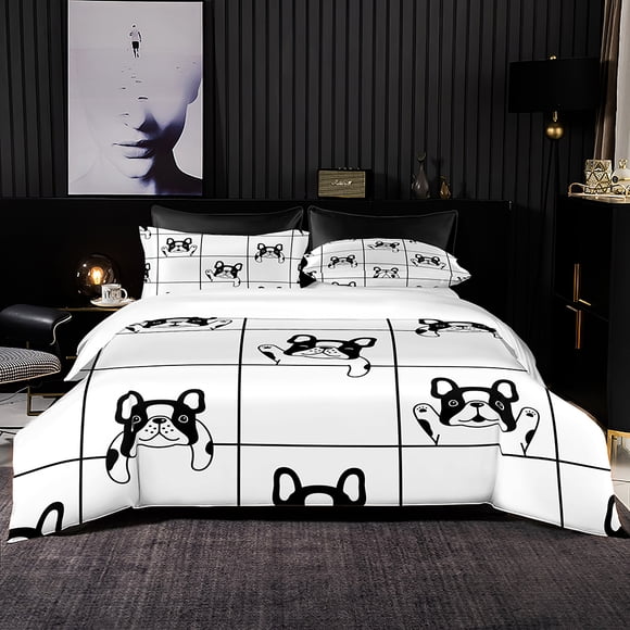 King Size Bedding Set Quality Simply Duvet Cover Set 220x240 with Pillowcase Grid with Cute Dog Print for Home Textiles Bed Sheets