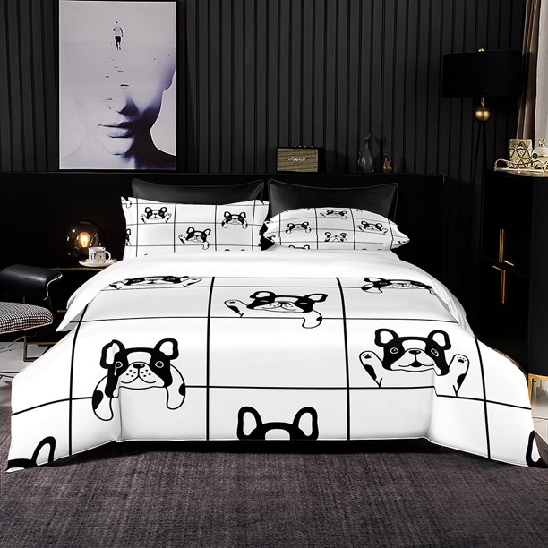King Size Bedding Set Quality Simply Duvet Cover Set 220x240 with Pillowcase Grid with Cute Dog Print for Home Textiles Bed Sheets