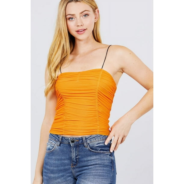 Top Camisola de Malla con Tirantes Elásticos, Cuello en V y Detalle Fruncido
