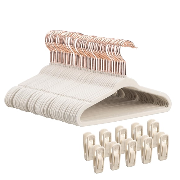 Perchas de armario para bebés Tonswachic, paquete de 50 con 10 clips (beige)